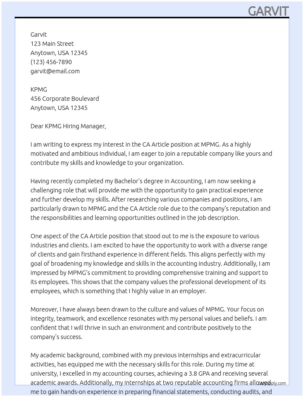 CA Article At MPMG Cover Letter