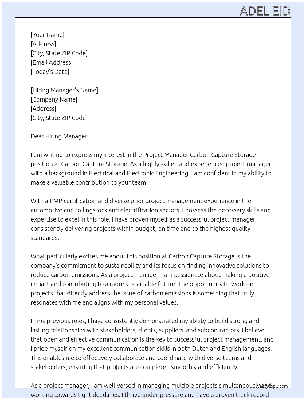 Project manager Carbon Capture Storage At Carbon Capture Storage Cover Letter
