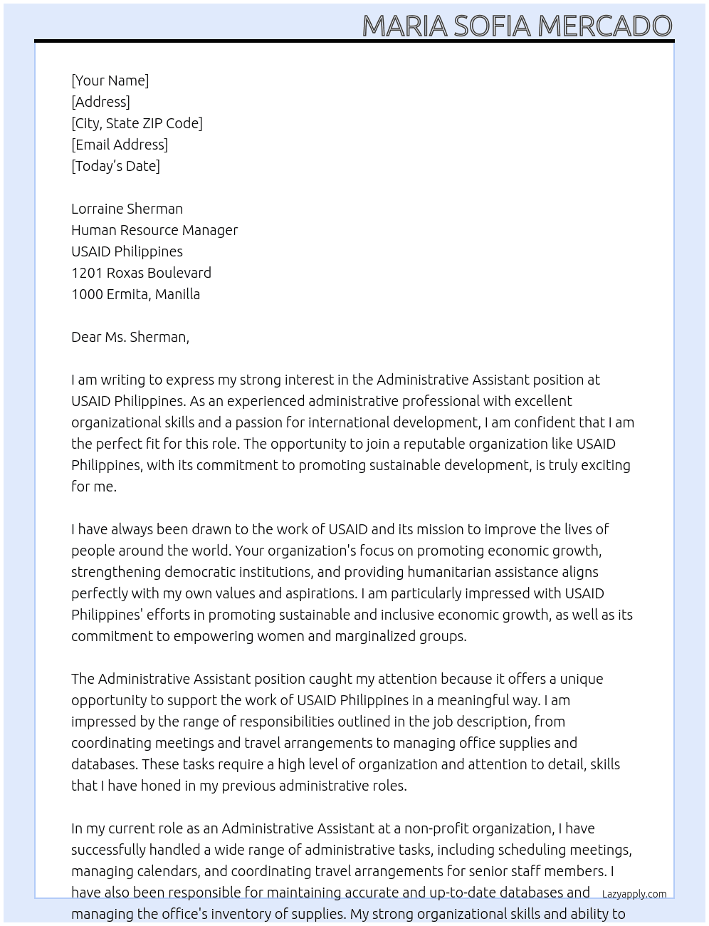 Administrative Assistant At USAID Philippines Cover Letter