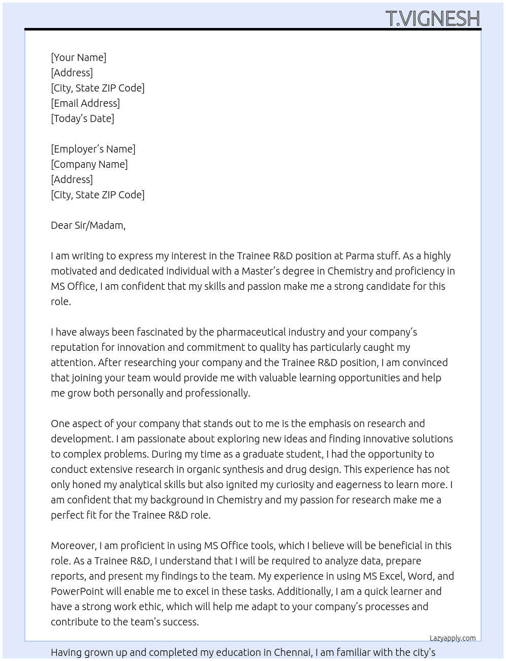Trainee R&D At Parma stuff Cover Letter
