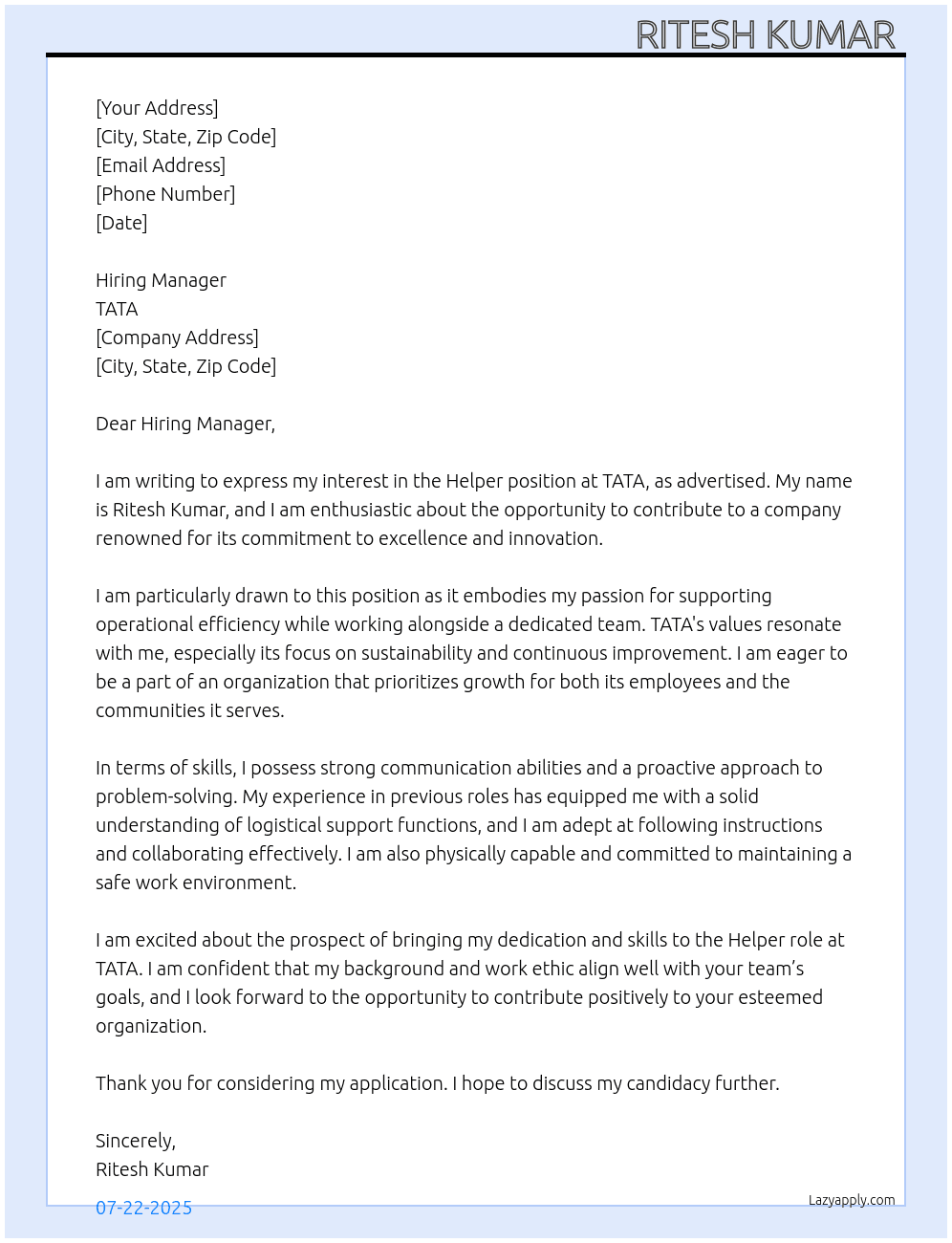 Helper At TATA  Cover Letter