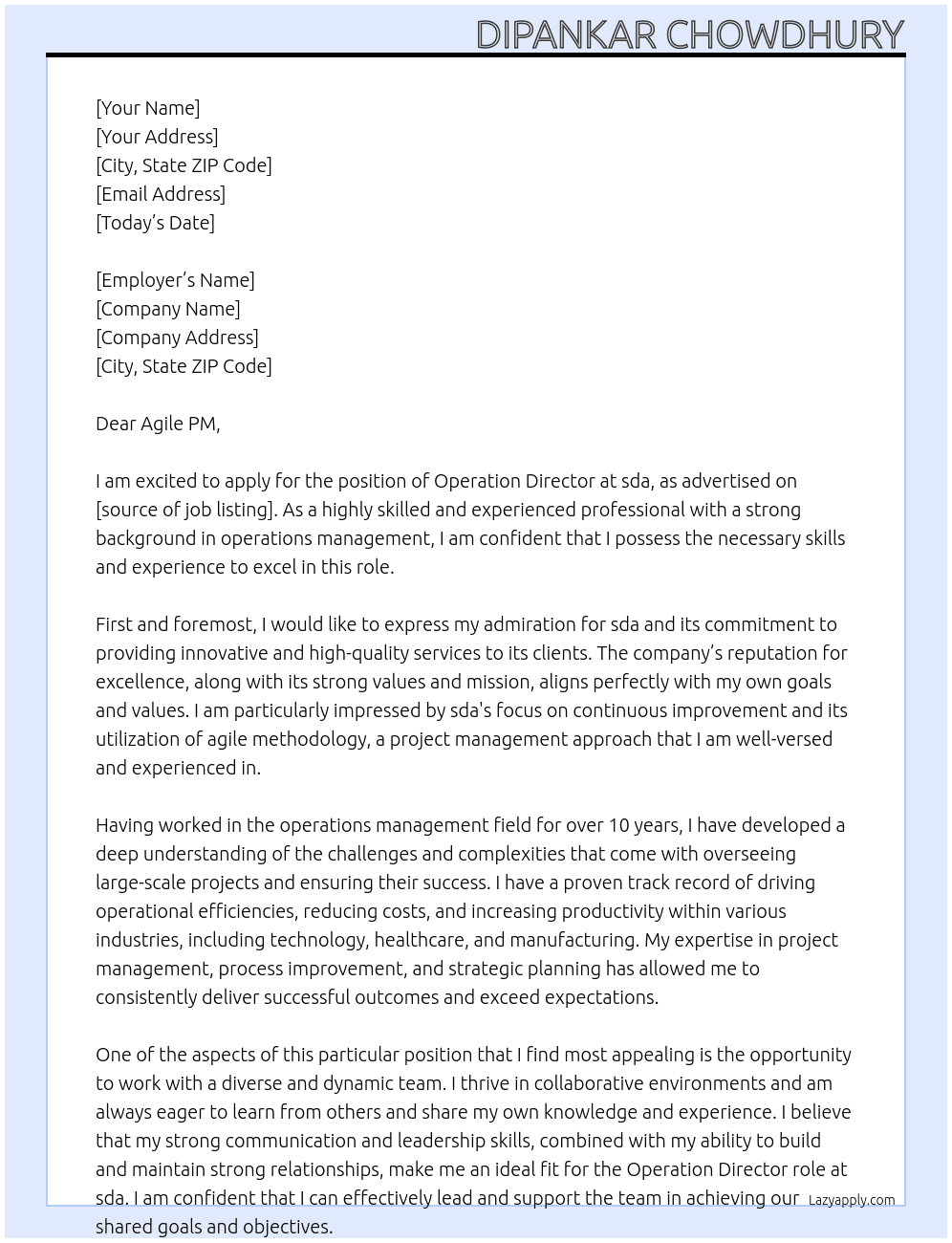 Operation directOR At sda Cover Letter