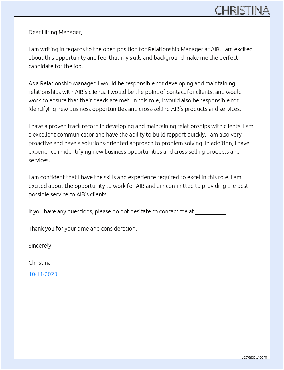 Relationship Manager At AIB Cover Letter
