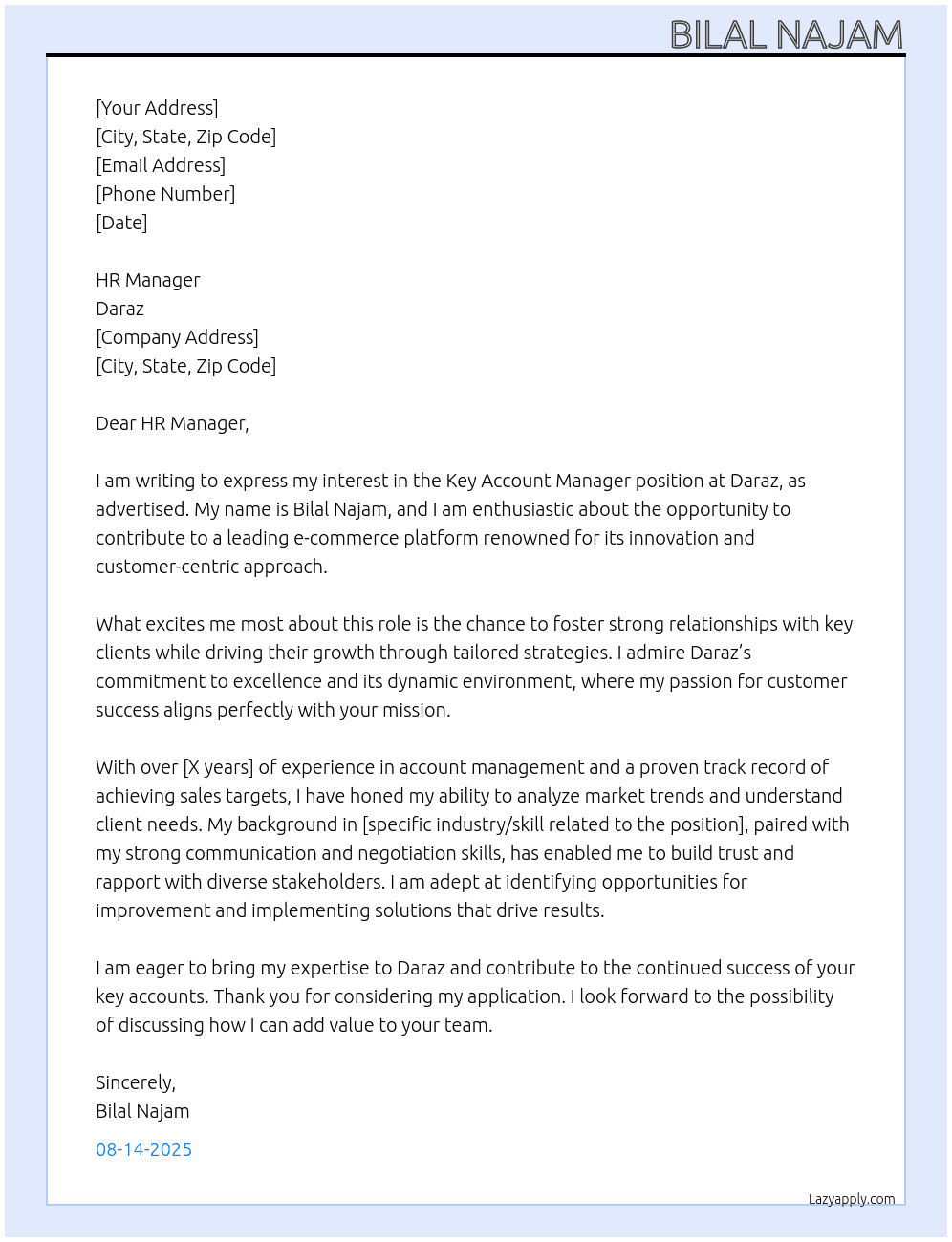 Key Account Manager At Daraz Cover Letter