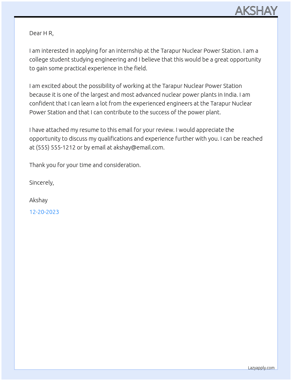 intern At tarapur neuclear power station Cover Letter