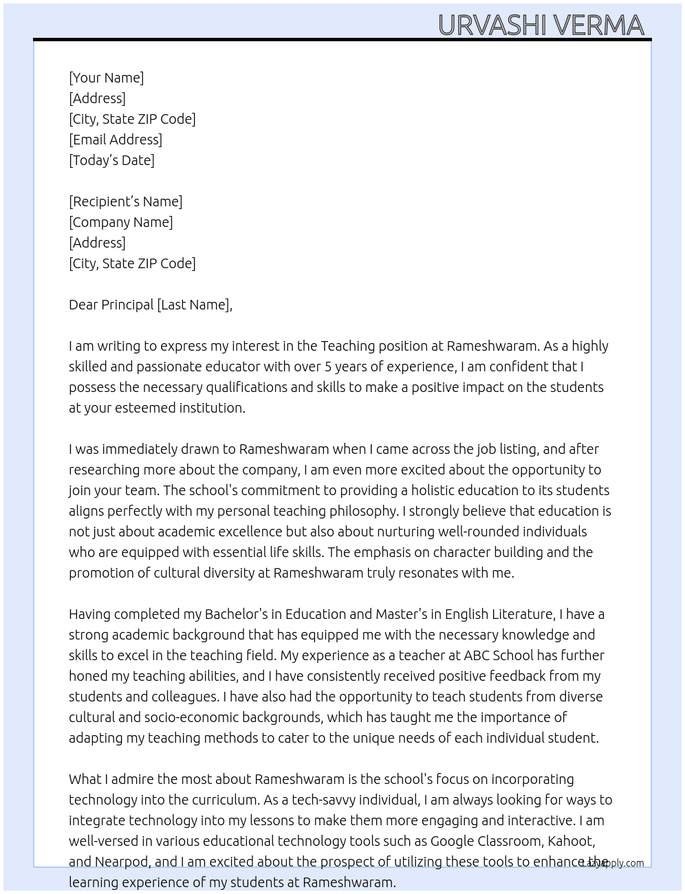 Teaching  At Rameshwaram Cover Letter