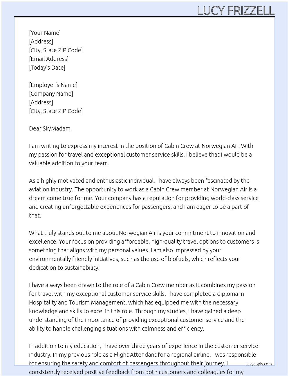 Cabin Crew At Norwegian Air Cover Letter