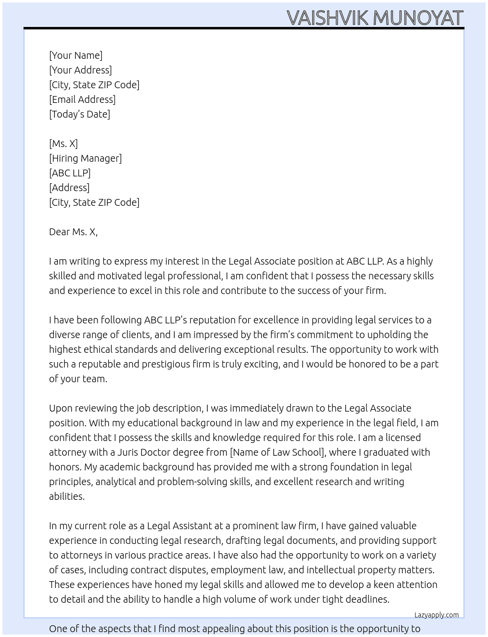 Legal Associate At ABC LLP Cover Letter