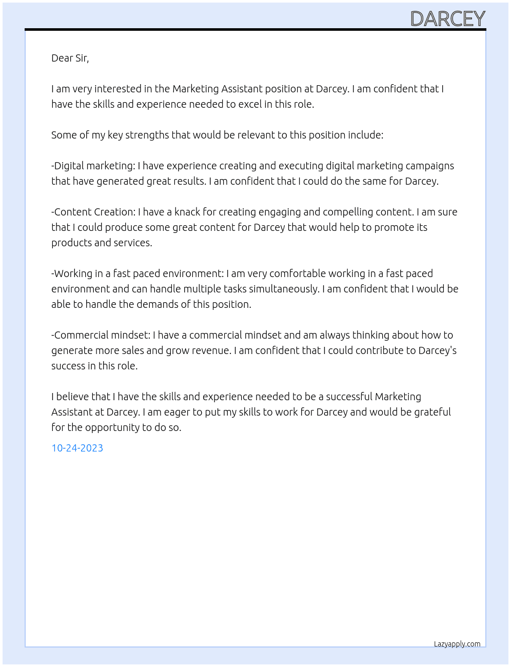 Marketing assistant At Darcey Cover Letter