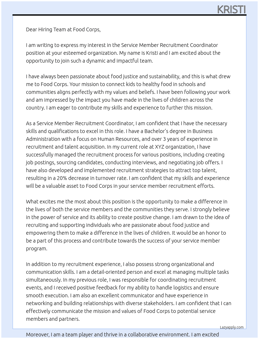 Service Member Recruitment Coordinator At Food Corps  Cover Letter