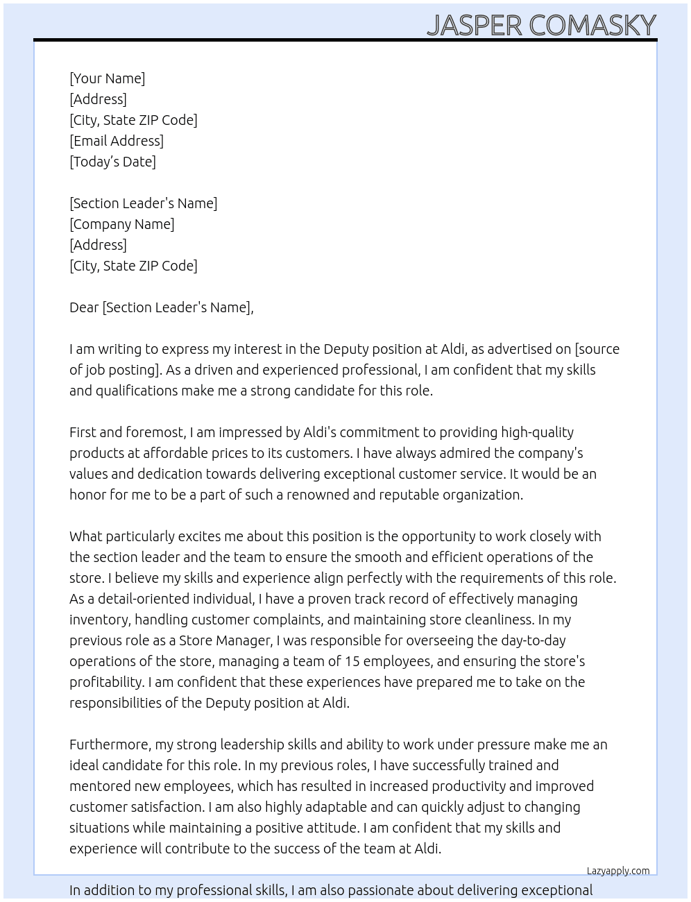 Deputy At Aldi Cover Letter
