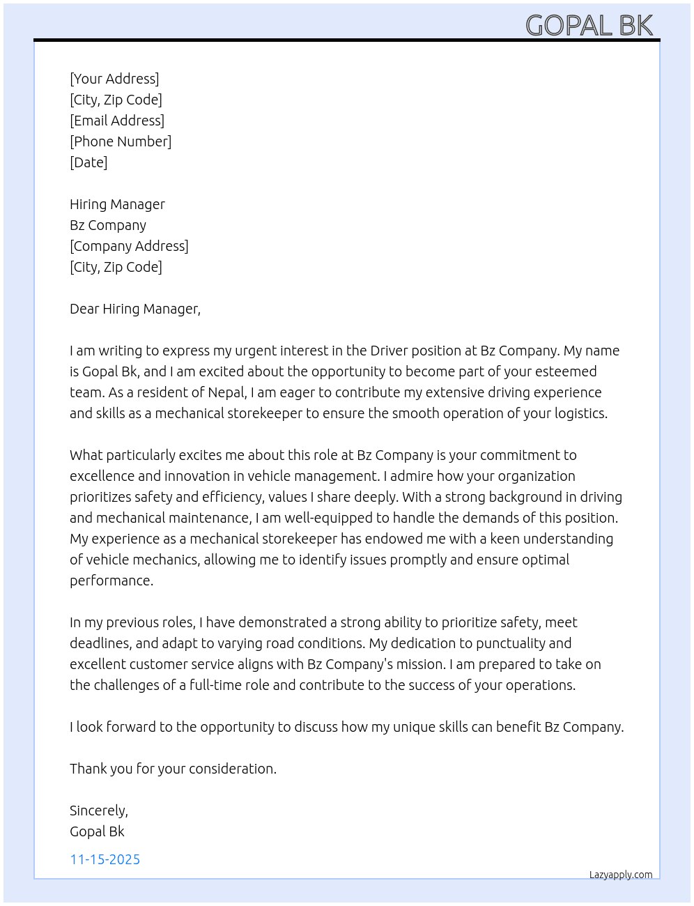 Driver  At Bz company  Cover Letter