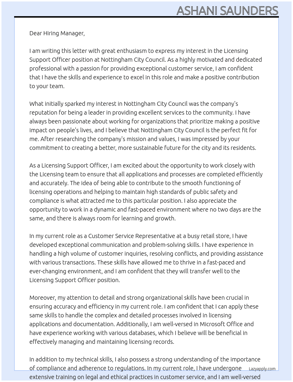 Licensing Support Officer  At Nottingham City CouncilI  Cover Letter