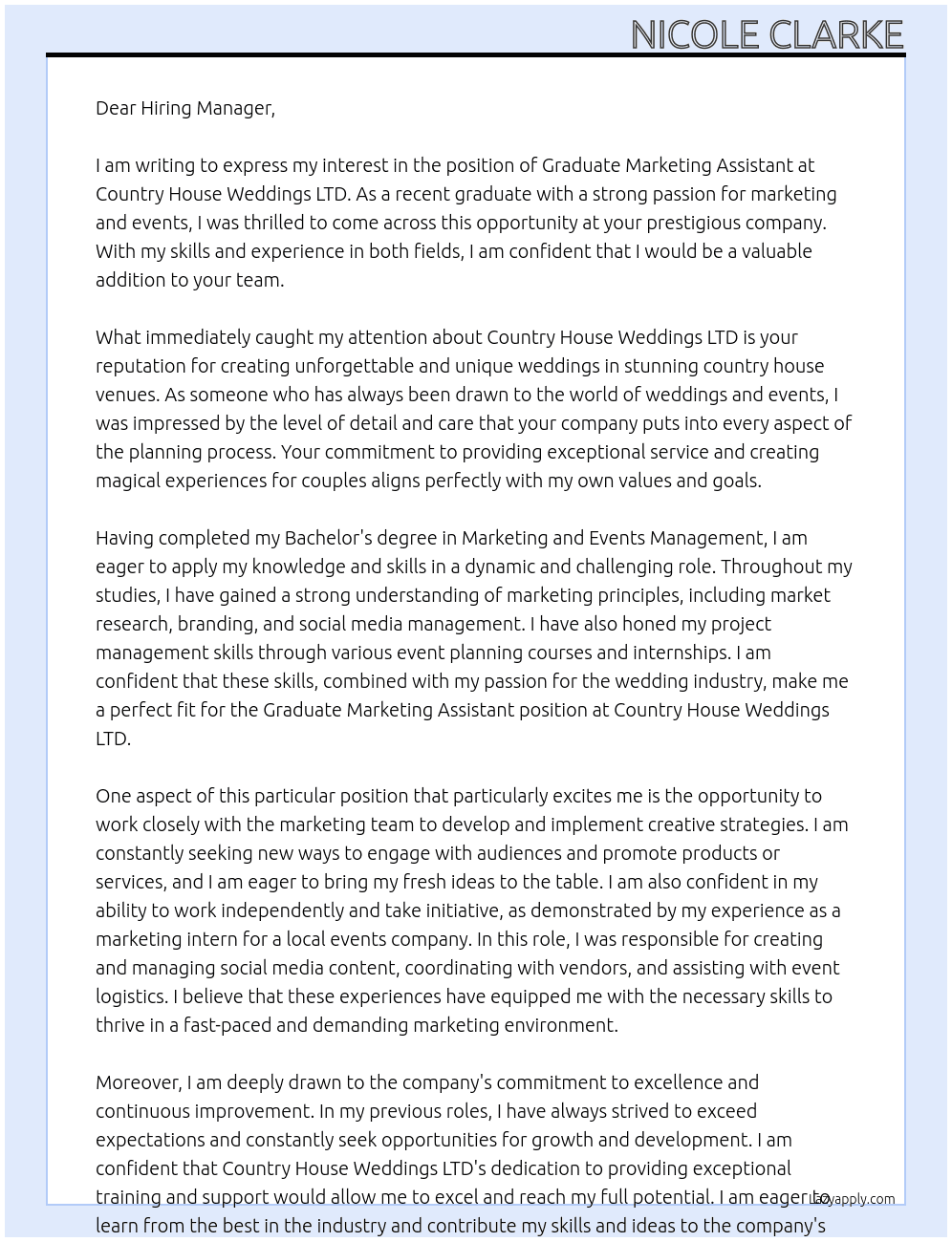 Graduate Marketing Assistant  At Country House Weddings LTD Cover Letter