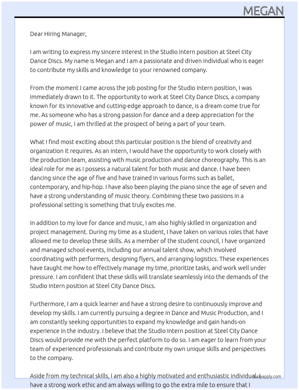 Studio Intern At Steel city dnace discs Cover Letter