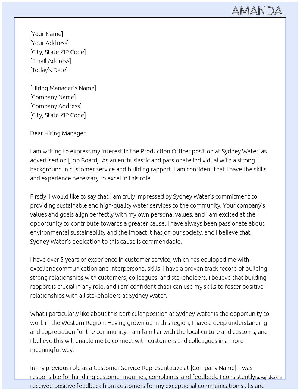 Production Officer At Sydney Water  Cover Letter