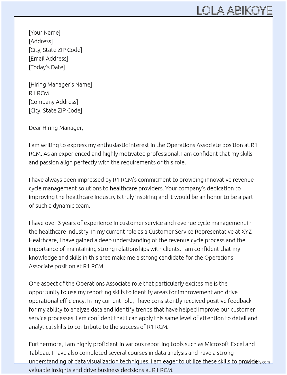 Operations Associate  At R1 RCM Cover Letter