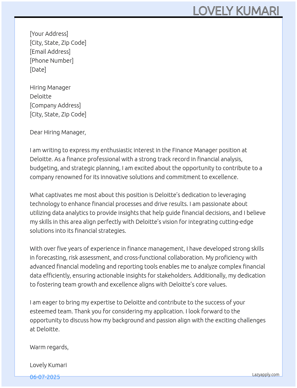 Finance manager  At Deloitte  Cover Letter