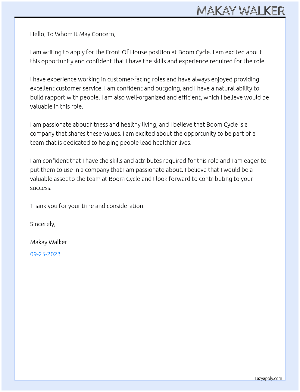 Front Of House At Boom Cycle  Cover Letter