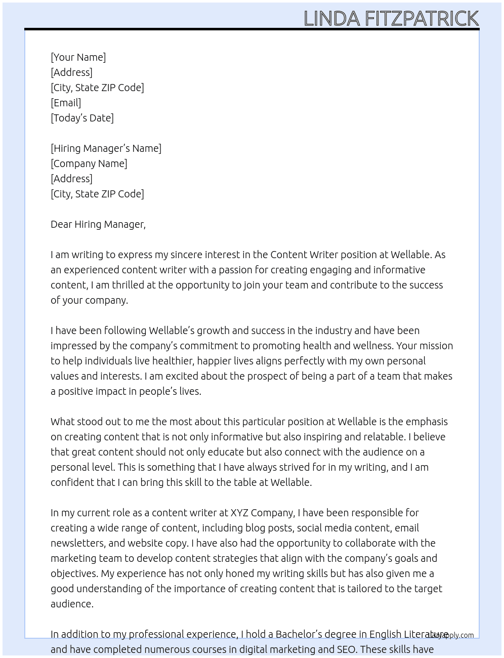 Contenet Writer At Wellable Cover Letter