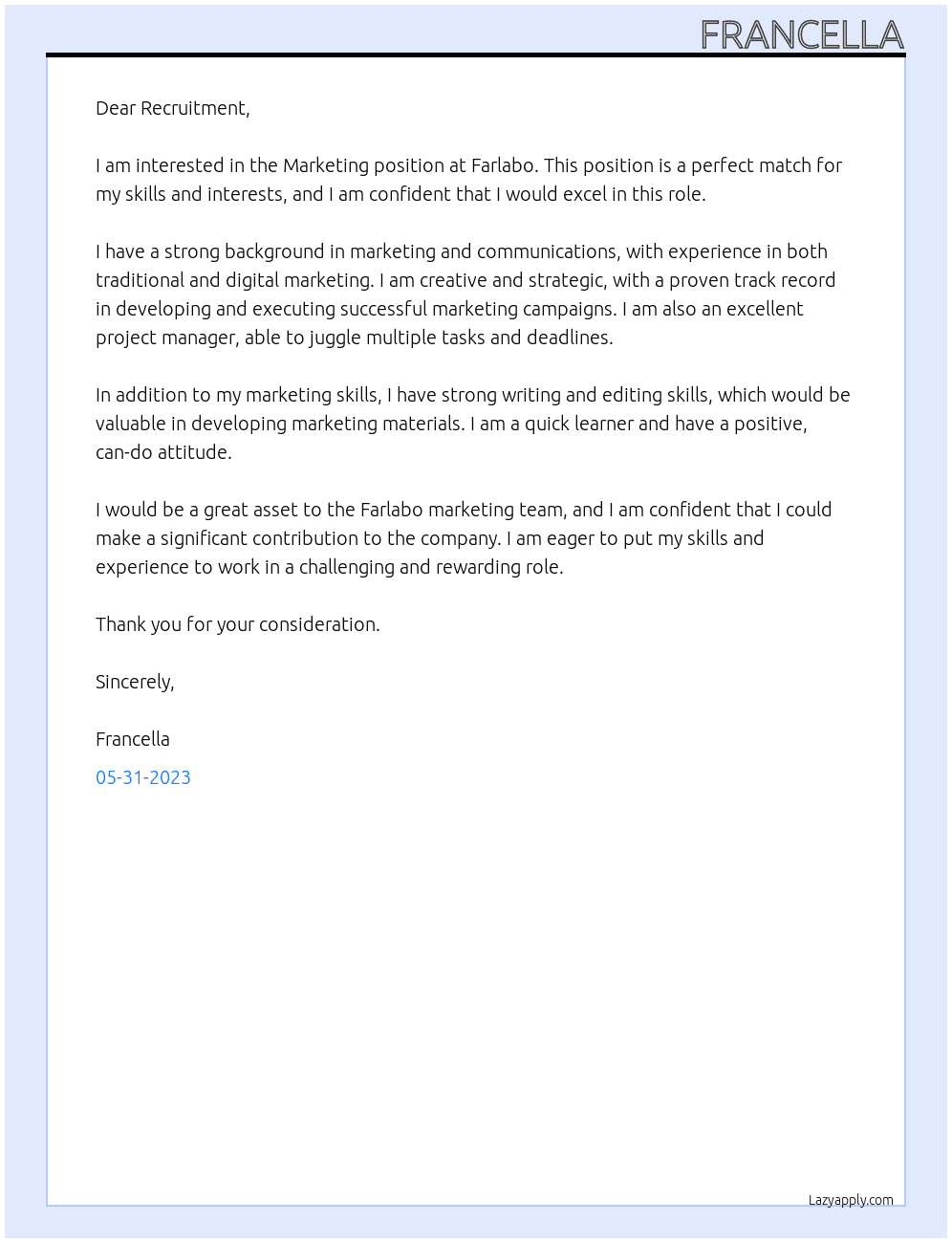 Marketing At Farlabo Cover Letter