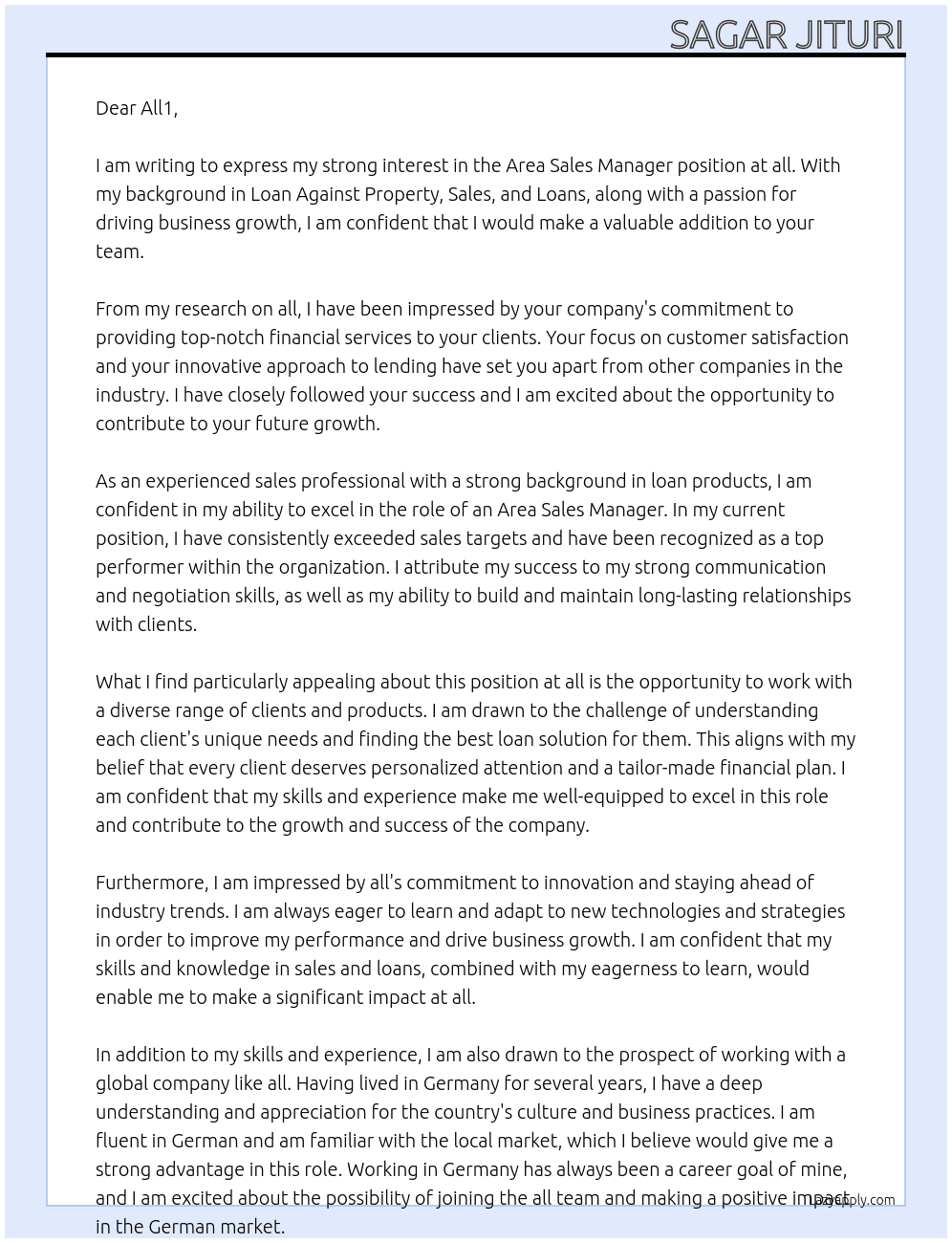 Area Sales Manager At all Cover Letter