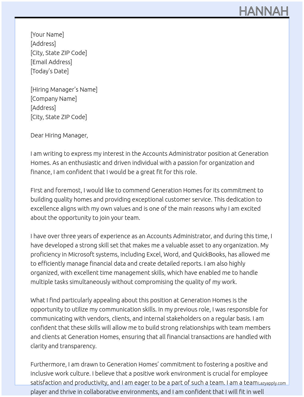 Accounts Administrator At Generation Homes  Cover Letter