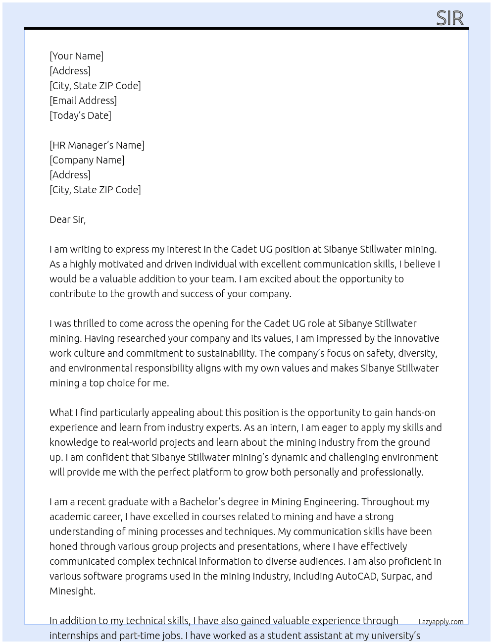 Cadet UG At Sibanye Stillwater mining Cover Letter