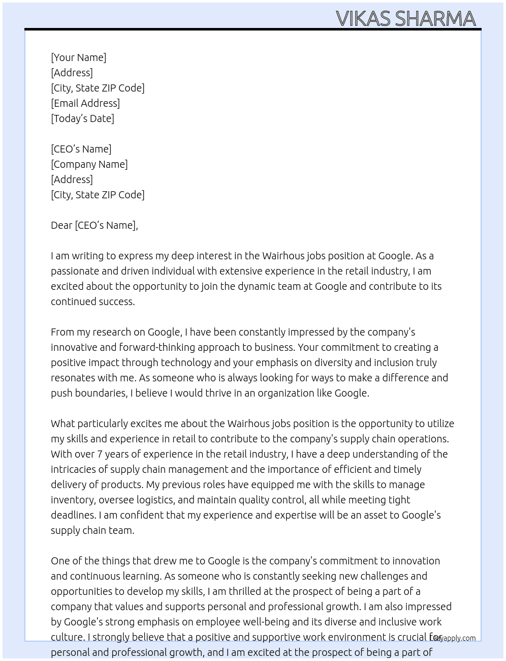 Cover letter for wairhous jobs - LazyApply
