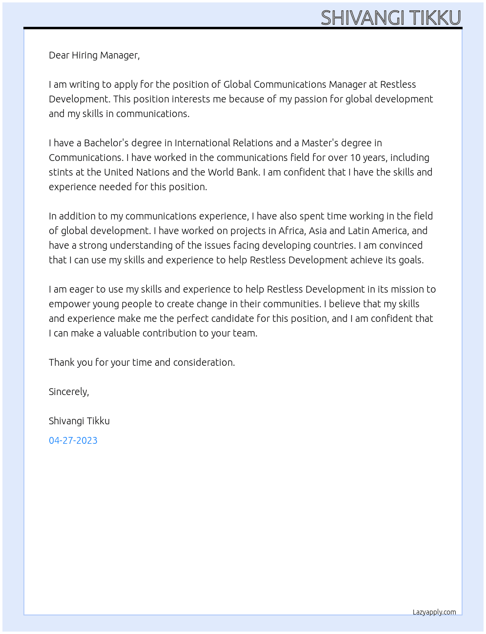 Global Communications Manager At Restless Development Cover Letter