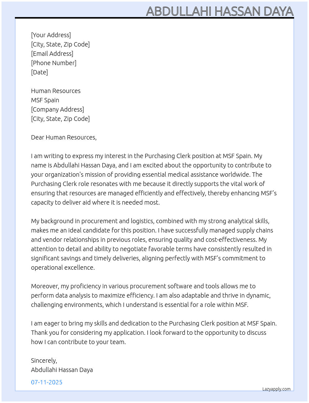 Purchasing Clerk  At MSF SPAIN Cover Letter