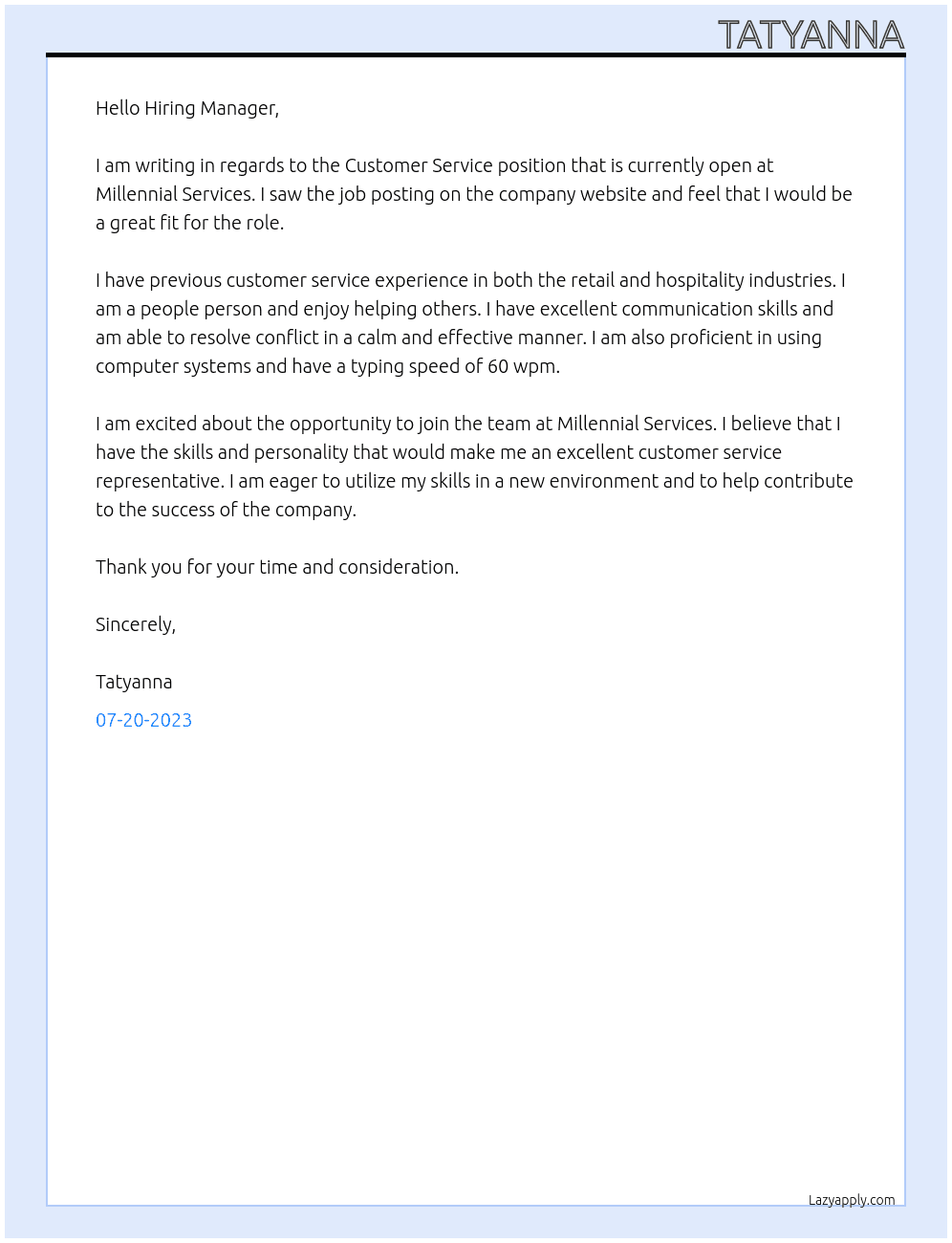 Customer Service At Millennial Services Cover Letter
