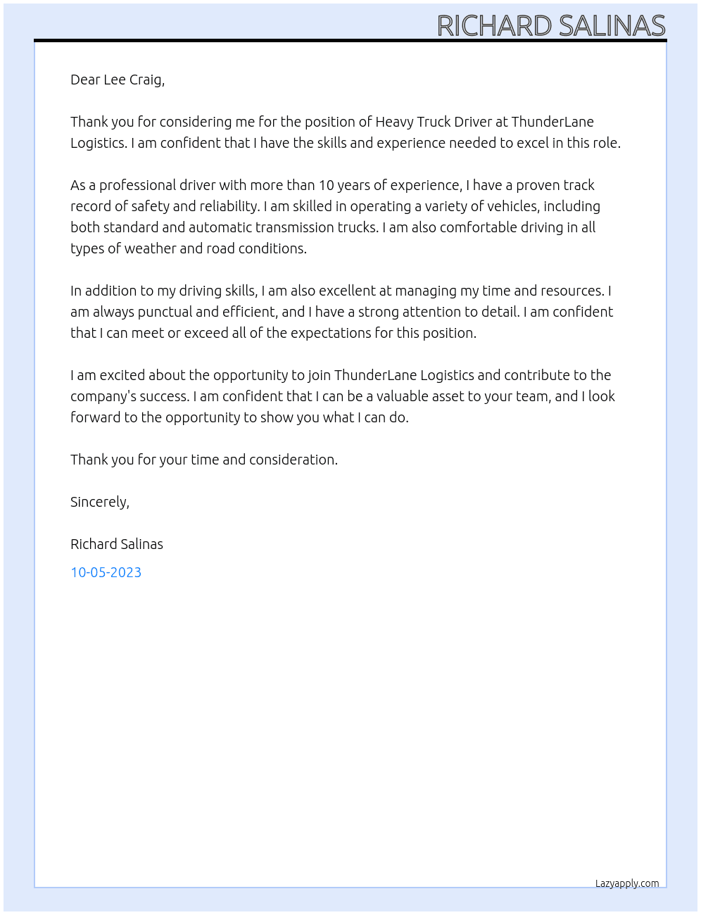 Heavy truck driver At ThunderLane Logistics Cover Letter