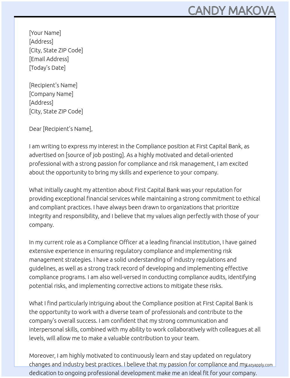 Compliance At First Capital Bank Cover Letter