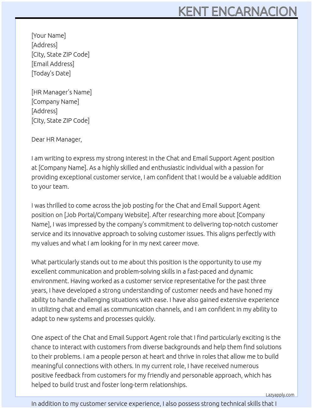 Cover letter for chat and email support agent - LazyApply