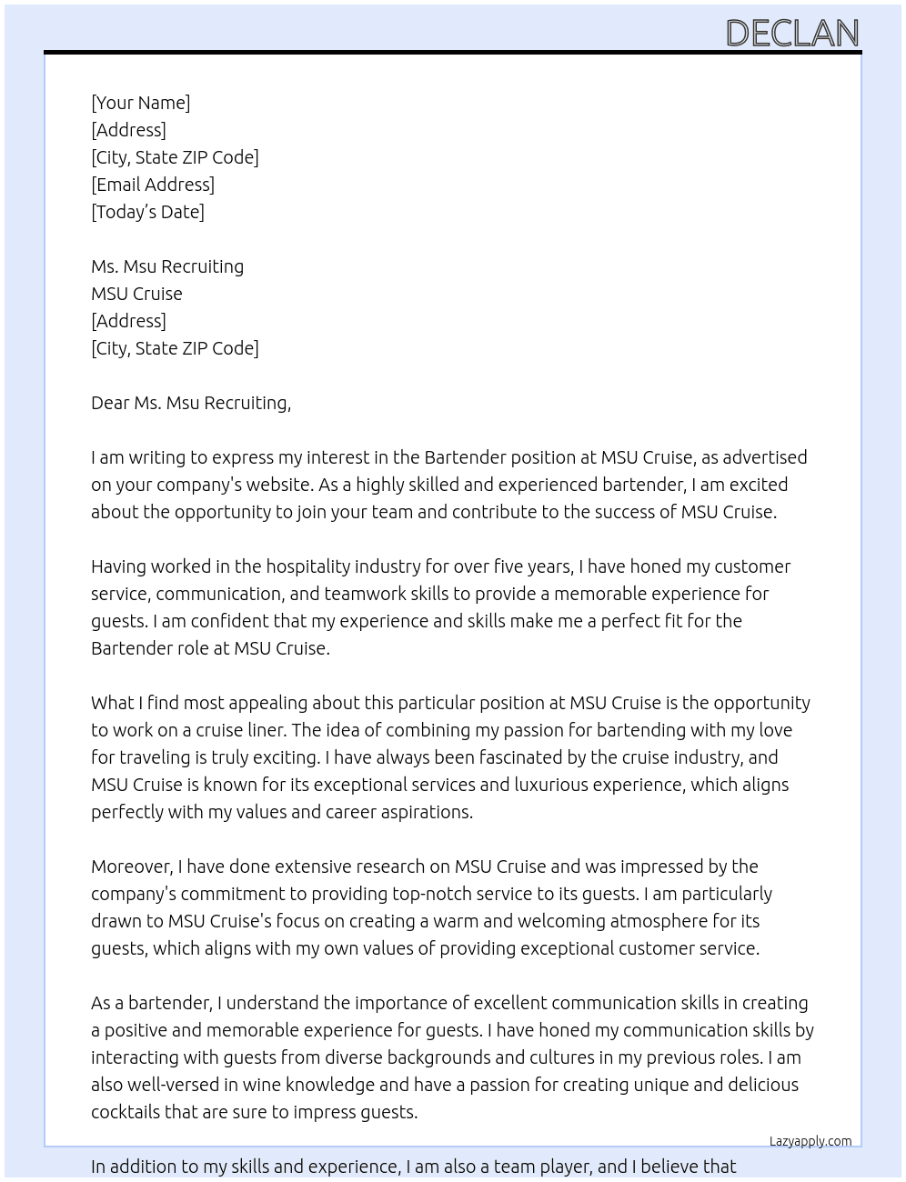 Bartender At Msu cruise Cover Letter