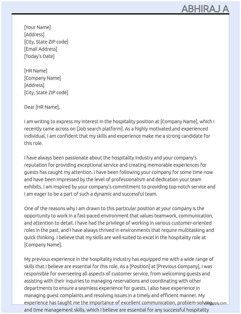 hospitality At JOB Cover Letter
