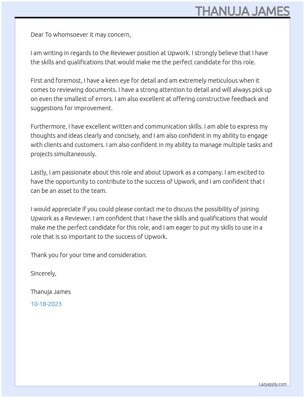 Reviewer At Upwork Cover Letter