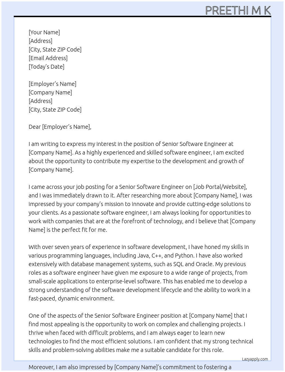 senior software engineer At Weelsfargo Cover Letter