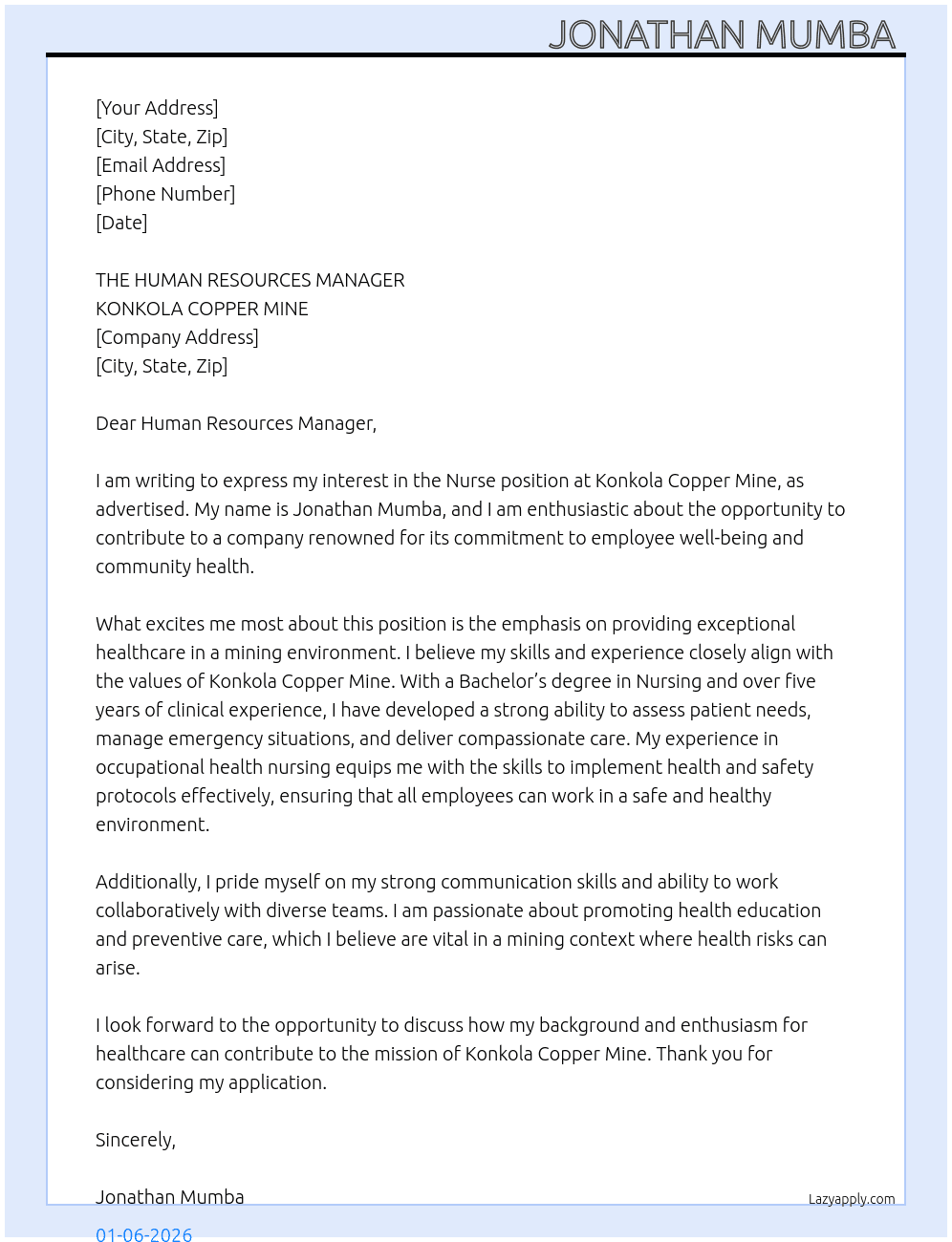 Nurse  At KONKOLA COPPER MINE Cover Letter