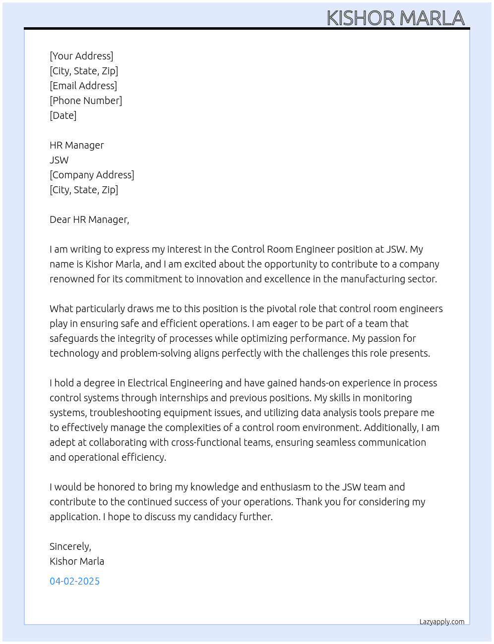 Control room engineer At JSW Cover Letter