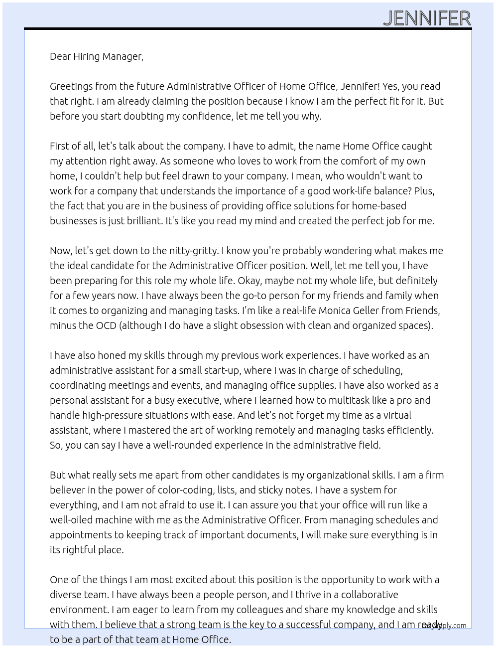 Administrative officer At Home Office Cover Letter