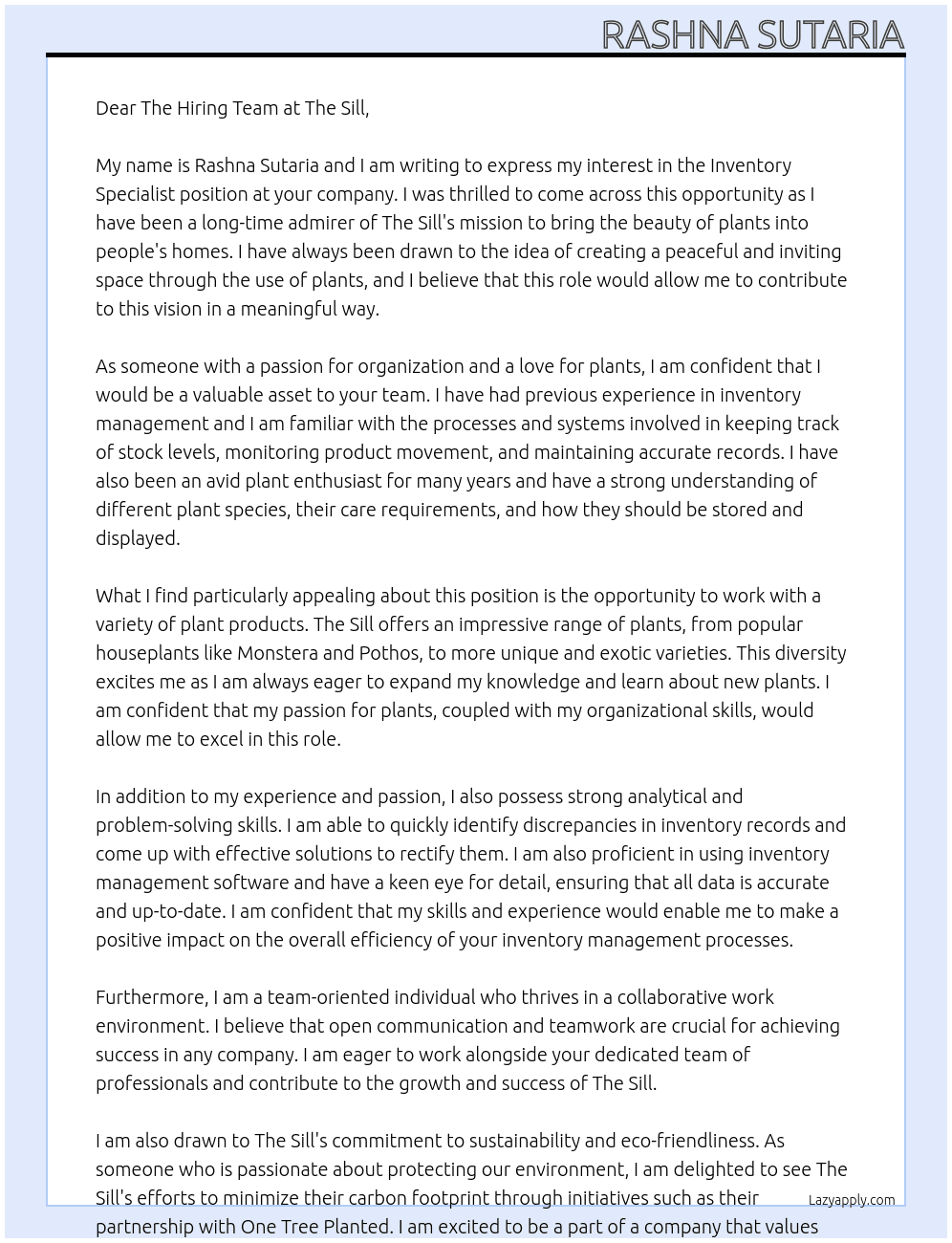 Inventory Specialist At The Sill Cover Letter