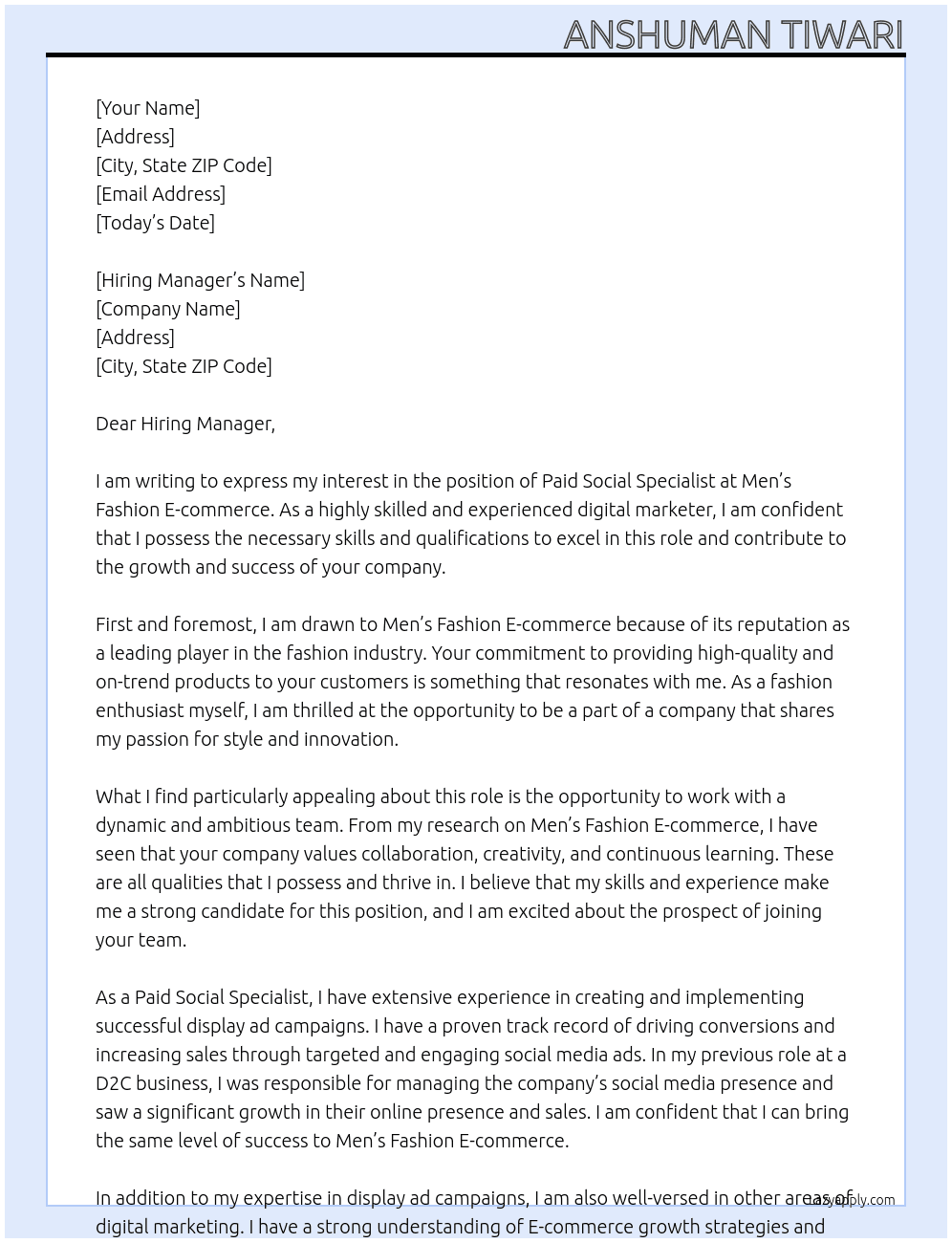 Paid Social Specialist At Men's fashion E-commerce Cover Letter