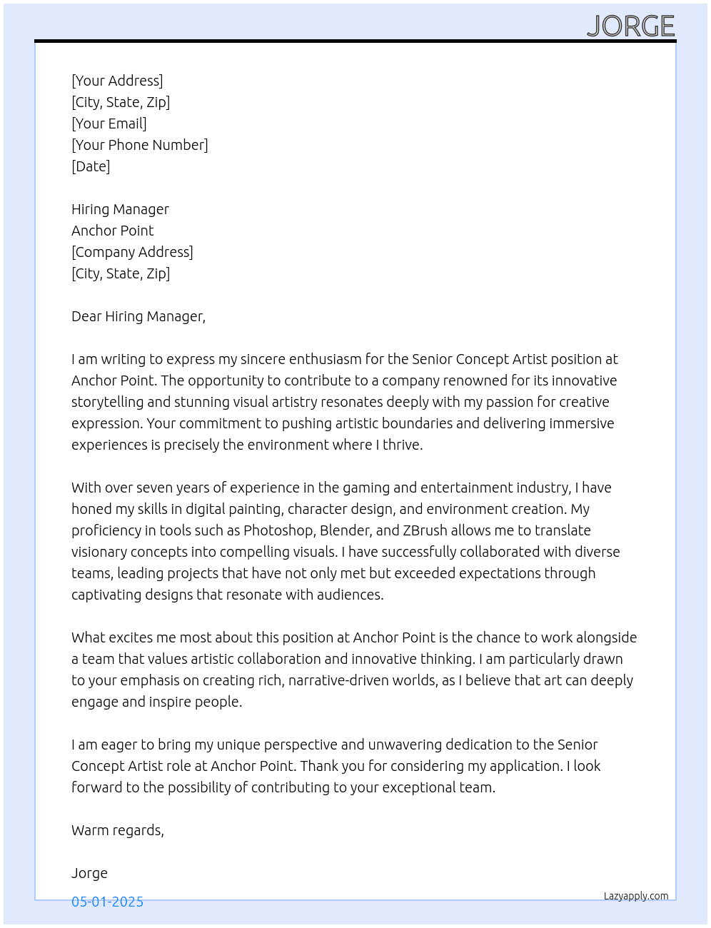 Senior concept artist At anchor point Cover Letter