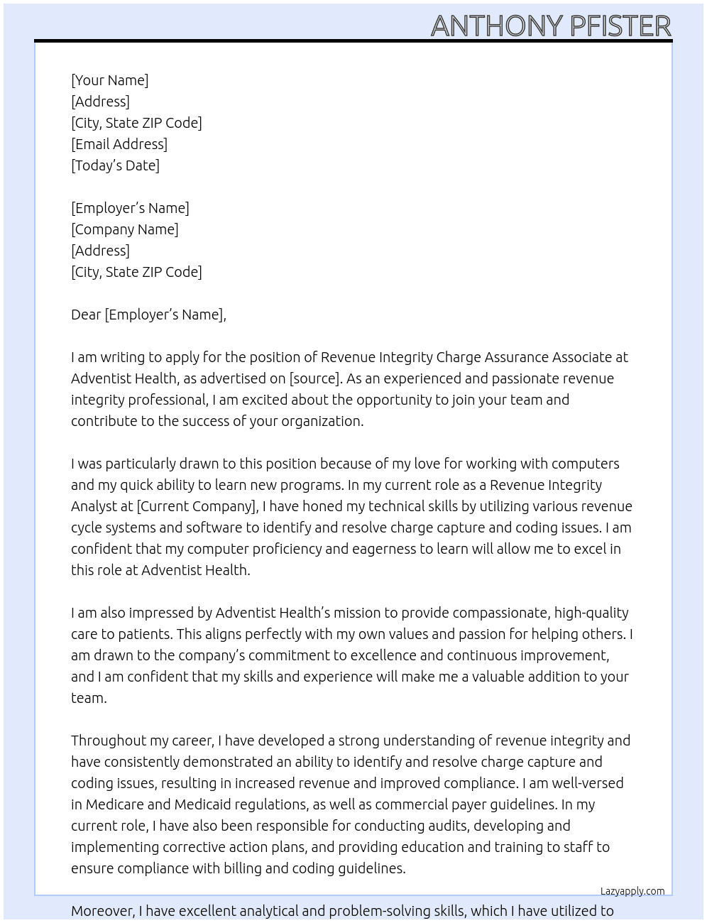 Revenue Integrity Charge Assurance Associate At Adventist Health Cover Letter