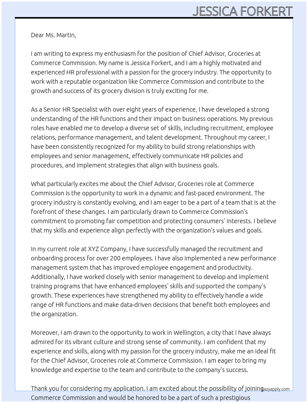 Chief Advisor, Groceries At Commerce Commission Cover Letter