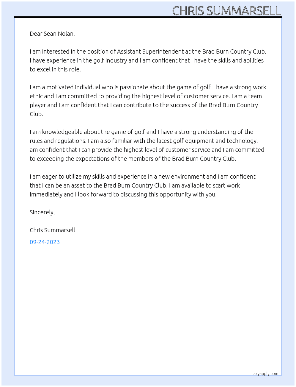 Assistant Superintendent  At Brad Burn Country Club Cover Letter