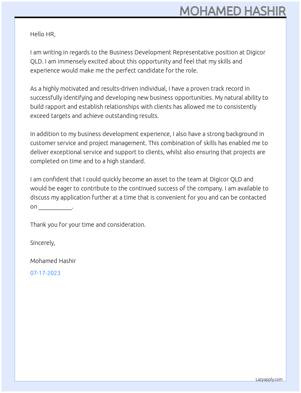 Business Development Representative At Digicor QLD Cover Letter