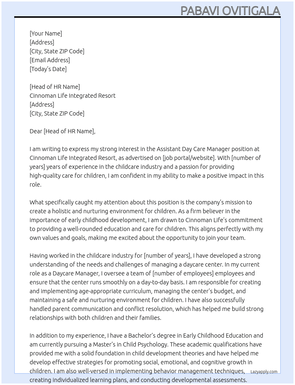 Assistant Day Care Manager At Cinnoman Life Integrated Resort Cover Letter